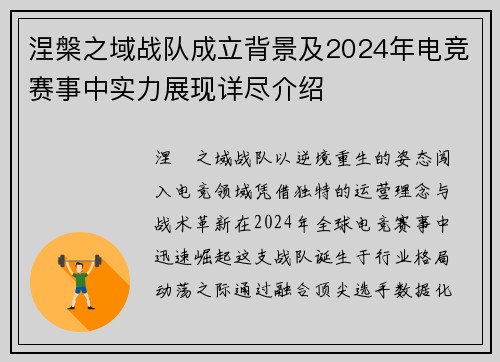 涅槃之域战队成立背景及2024年电竞赛事中实力展现详尽介绍