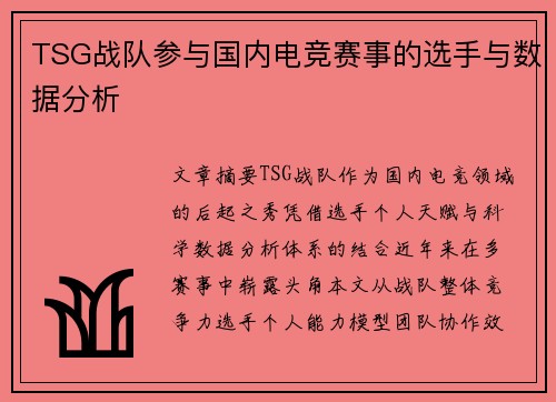 TSG战队参与国内电竞赛事的选手与数据分析